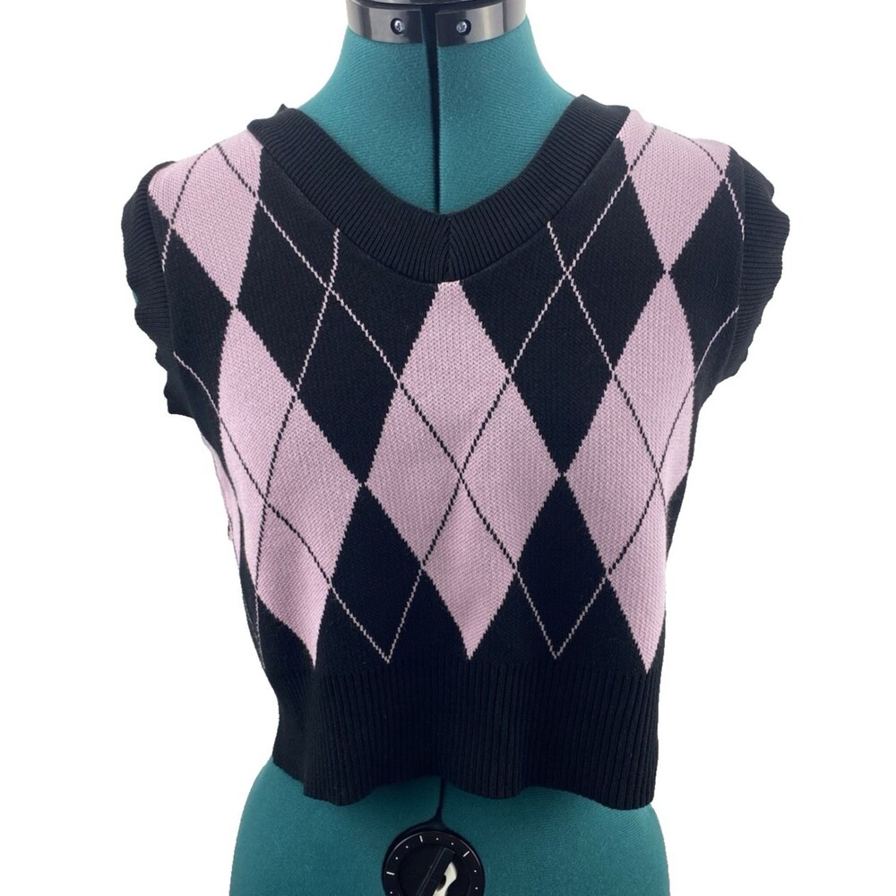 Argyle Cropped Sweater Vest Womens Small Pink Black V Neck Knit Preppy Y2K
